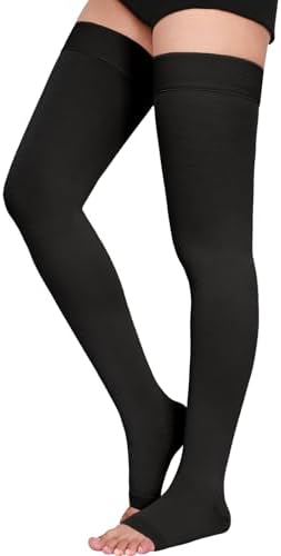 Thigh High 15-20 mmHg Compression Stocking, Open Toe Compression Socks for women & men circulation with Silicone Dot Band-Ideal for Athletic, Medical, Travel Use