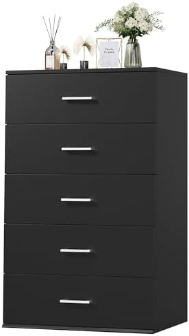 TTVIEW Tall Black Dresser, 5 Drawer Dressers with Large Capacity, Tall Dresser with Metal Handles, Chest of Drawers Cabinet Wood Dressers for Hallway Living Room