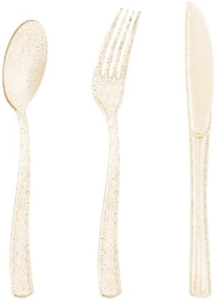 Goodluck 150PCS Gold Glitter Plastic Silverware, Glitter Utensil Disposable, Plastic Cutlery Set of 50 Forks, 50 Spoons, 50 Knives for Wedding, Party, Christmas