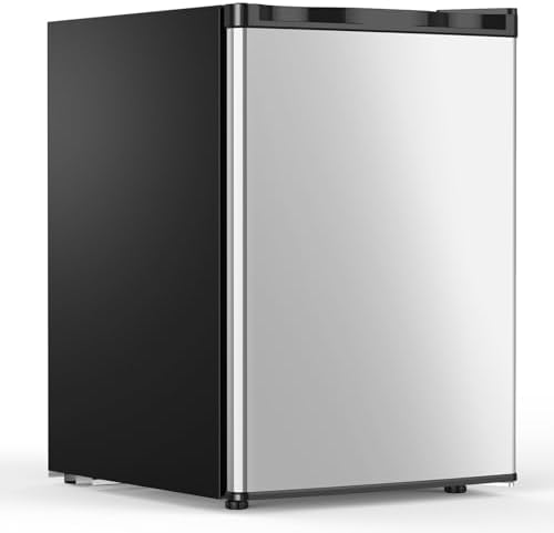 COWSAR 2.6 Cu.Ft Mini Fridge with Freezer, Single-Door Compact Refrigerator, 7 Settings Temperature Adjustable, 2 Removable Shelves, Small fridge for Bedroom, Office, Apartment, Dorm, Stainless Steel