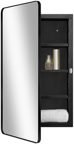 Fundin Black Plastic Medicine Cabinet, Mirror Door with Round Corner Metal Frame, Recessed and Surface Mount Bathroom Wall Medicine Cabinet, 16 x 28 inch Mirror Size