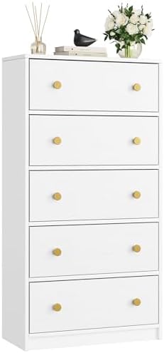 Nicehill White Dresser for Bedroom with 5 Drawers Wooden Dresser Storage Tower, Chest of Drawers for Closet, Living Room, Hallway, Entryway, Fabric Drawer (White)