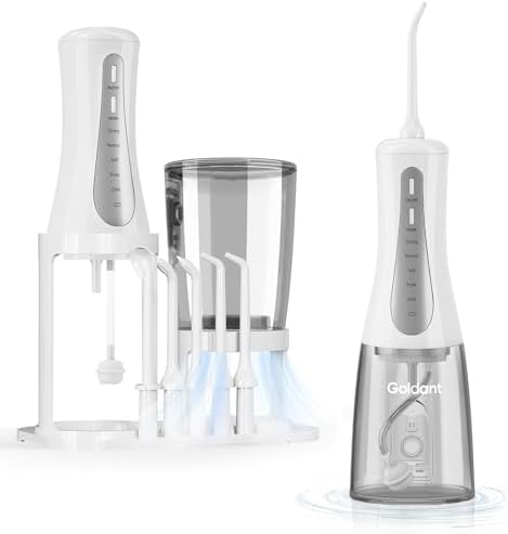 350ML Water Dental Flosser Teeth Pick with Stand Convenient Storage, 5 Modes Portable Cordless Oral Irrigator, Electric Rechargeable IPX7 Waterproof for Home Travel Teeth Cleaning (White)