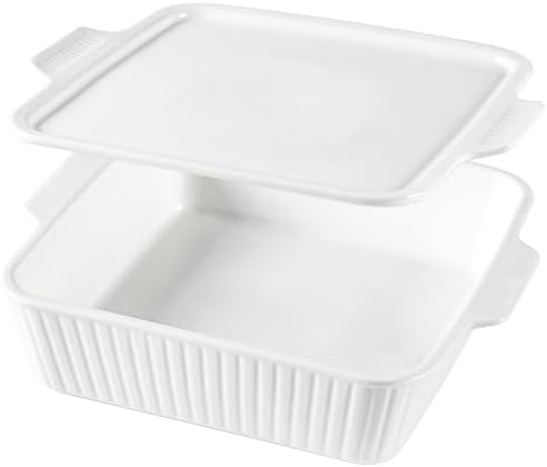 DIZADA Casserole Dish for Oven with Lid, 10'' Square Baking Dish, Ceramic Baking Dish, Baking Pan with Handles, Lasagna Pan Bakeware Oven Safe Baking Dish for Oven, Cake, Kitchen, Microwave, Dishwasher Safe, White
