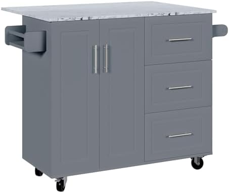 4 EVER WINNER Kitchen Island on Wheels with Storage and Drop Leaf, Marble Tabletop, 43" Kitchen Island Cart with Towel Rack & Spice Rack, Rolling Islands cart for Kitchen, Gray