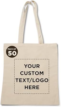DISCOUNT PROMOS Custom Natural Cotton Fiber Tote Bags (Set of 50) - Personalized, Reusable & Eco-Friendly - Perfect for Grocery, Promotions, Branding - Natural Color, 14.5"X16", 5 OZ Cotton