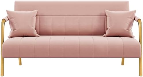Yaheetech 56.5" W Modern Sofa Small Sofa Luxurious Velvet Fabric Couch with Gold-Tone Metal Arms and Legs for Living Room, Home Office, Studio Pink