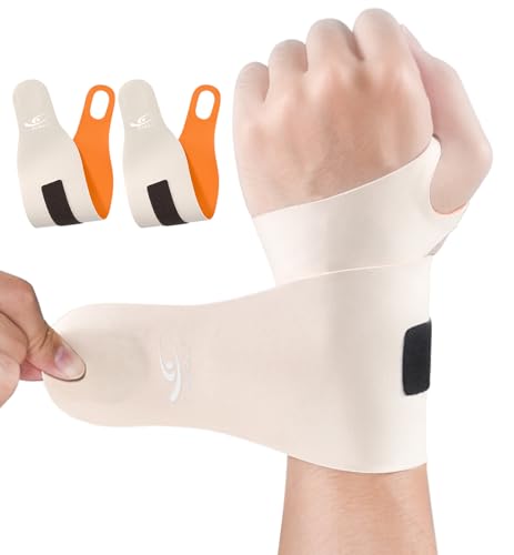 HiRui Ultra-Thin Elastic Wrist Brace Wrist Wraps, Compression Wrist Straps Support for Carpal Tunnel Arthritis Tendonitis Sprains Pain Relief Workout, Soft & Comfortable (Beige (Pack of 2))