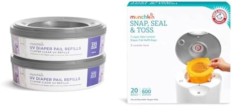 Munchkin UV Diaper Pail Refill Rings 272 Count Pack of 2, Diaper Pail Refill Bags Holds 600 White 20 Count