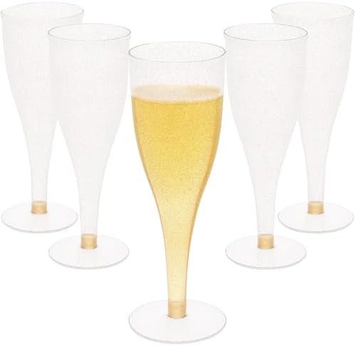 30 Disposable Champagne Flutes - 4.5 oz Gold Glitter Plastic Cups for Parties - Elegant Toasting Glasses - Perfect for Weddings, Engagements, Mimosa Bars, Thanksgiving, Christmas, New Year’s Eve