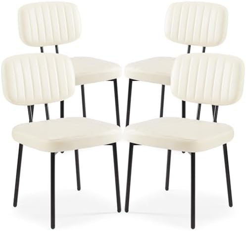 Sweetcrispy Dining Chairs Set of 4, Upholstered Mid Century Modern Kitchen Dining Room Accent Chairs with Faux Leather Cushion Seat & Metal Legs for Kitchen, Living Room - Classic White