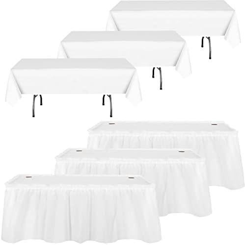 Oudain 6 Pcs Plastic Table Skirts and Stain Proof Table Cloths 54 x 108 in Plastic Tablecloth 168 x 29 in Disposable for Wedding Baby Shower Valentine Easter Party(White)