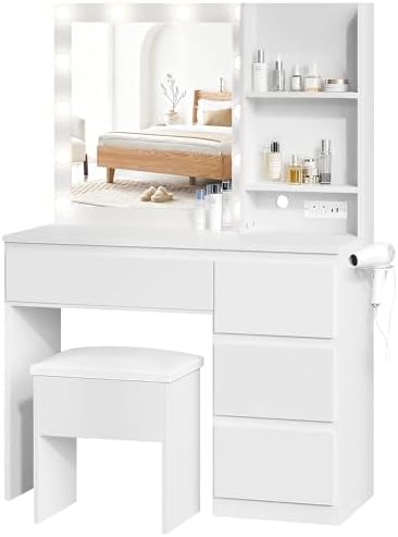 Vanity Desk with Mirror and 12 LED Lights, Makeup Vanity Table with USB & Power Outlets, 4 Drawers and Hairdryer Holder, Padded Stool with Storage, White