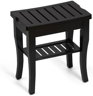 Bamboo Shower Bench, Spa Small Shower Stool for Inside Shower Waterproof, Bathroom Bench Seat with Storage Shelf for Adults Elderly Seniors, Wood Chair for Indoor or Outdoor Use, Black