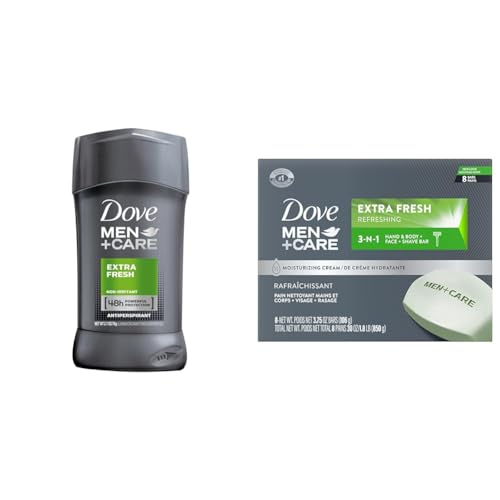 Dove Men + Care Extra Fresh Antiperspirant Deodorant Twin Pack, 72hr Sweat & Odor Protection & 3 in 1 Bar Cleanser for Body, Face, and Shaving Extra Fresh Body and Facial Cleanser
