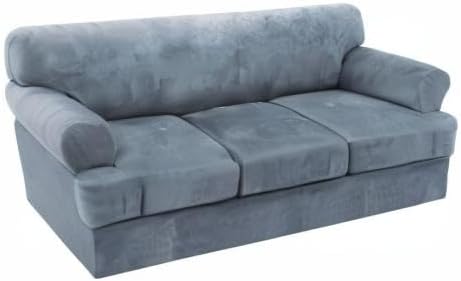 H.VERSAILTEX Sofa Cover 4 Piece T Cushion Sofa Slipcovers Thick Velvet Couch Cover Furniture Protector Stretch Sofa Covers for 3 Cushion Couch with 3 Individual Covers Washable, Stone Blue