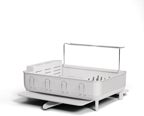 simplehuman Large Capacity Dish Drying Rack with Stainless Steel Frame, 360º Easy Drain Swivel Spout, Utensil & Wine Glass Holder, Anti-Residue Coating, Moisture Control Surface, White