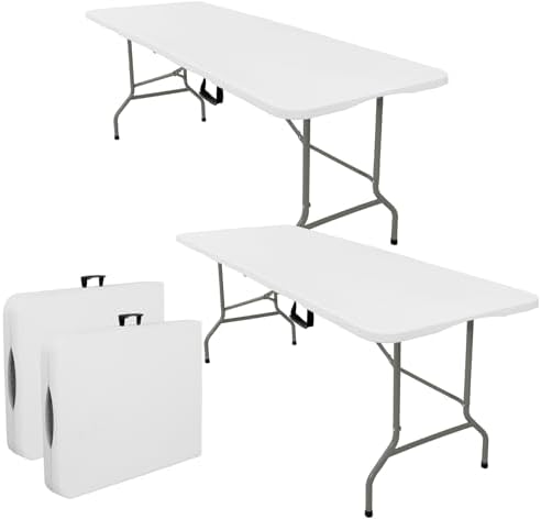 Set of 2 Folding Tables with Carrying Handle Heavy Duty Rectangular Portable Plastic Camping Table Steel Legs for Party, Dining, Wedding, Events, Picnic Indoor, Outdoor (8FT, White)