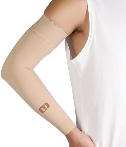 MGANG Lymphedema Compression Arm Sleeve for Women Men, Opaque, 20-30 mmHg Compression Full Arm Support with Silicone Band, Relieve Swelling, Edema, Post Surgery Recovery, Single Beige M