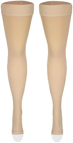 NuVein Medical Compression Stockings, 30-40 mmHg Support, Women & Men Thigh Length Hose, Open Toe, Beige, Medium