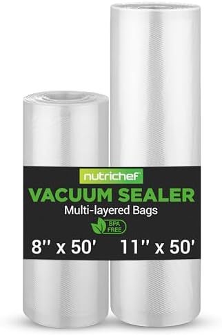NutriChef Vacuum Sealer Bags for Food 8” x 50’ & 11" x 50' (2 Rolls, 100’ Total) – Works with All Sealers, BPA-Free, Heavy-Duty, Multi-Layered – Freezer, Microwave & Sous Vide Safe