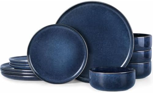 Herogo 12 Pieces Dinnerware Set Stoneware Service for 4, Dinner Plates and Bowls Sets, Double Reactive Glaze Dishes Set for Kitchen, Scratch Resistant, Microwave & Dishwasher Safe, Starry Blue