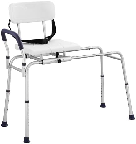 VEVOR Sliding Tub Transfer Bench, Height Adjustable Bathtub Transfer Bench with Cut-Out Seat, Reversible Backrest & Safety Belt, Non-Slip Shower Chair for Elderly Disabled Handicap, 400LBS Capacity
