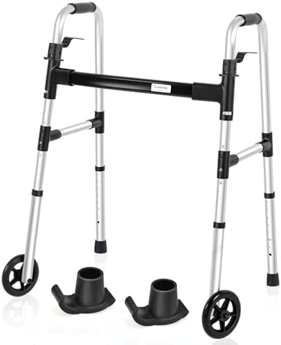 Folding Walker with 2 Skis and 5" Wheels, Lightweight Walkers for Seniors and Adults, Supports Up to 350 Pounds, Adjustable Height, Compact Standard Walker, Black