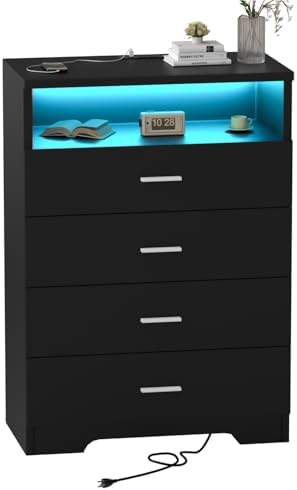 Dresser with Power Outlets and LED Lights Wooden 4 Drawer Dresser with Large Organizer Tall Black Drawer for Bedroom Modern Chest of Drawers Closet for Living Room Kids Room