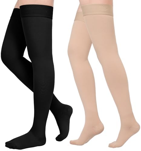 Compression Stockings for Women & Men, 2 Pairs 15-20mmHg Thigh High Compression Socks for Varicose Veins, Swelling, Pregnant