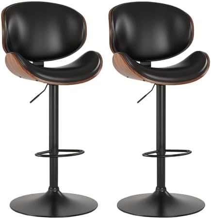 KCC Bar Stools Set of 2, Swivel Adjustable Height Barstools, PU Leather Upholstered Bar Chairs with Footrest, Bentwood Bar Stool for Kitchen, Bar, Dining Room(Black PU)