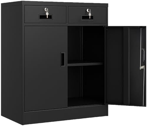 BESFUR Locking Cabinet with 2 Drawers and Lockable Doors, 36" H Black Metal Storage Cabinet with Adjustable Shelf for Home Office, Garage,School, Apartment, Warehouse
