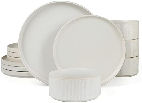 famiware Star Dinnerware Sets, Plates and Bowls Set for 4, 12 Pieces Ribbed Dishes - Chip and Scratch Resistant, Microwave and Dishwasher Safe Tableware, Matte White