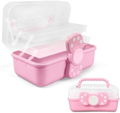 10.6in 3-Layer Multipurpose Storage Box Art Craft Organizer Storage Box Kids Clear Plastic Portable Storage Box/Tool Box with Handle for Sewing,Cosmetic,Medicine,Nail,Hair Accessories (Pink)