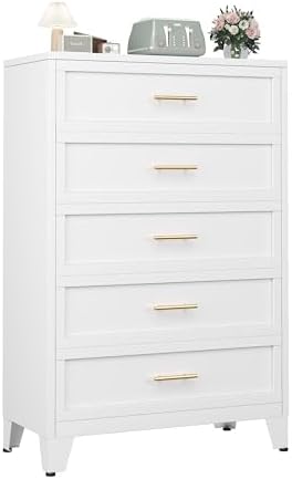 Metal Dresser Tall White Dresser for Bedroom Chest,53.54" H White Drawer Chest, Closet Dressers & Chests of Drawers for Living Room, Hallway (5 Drawers)