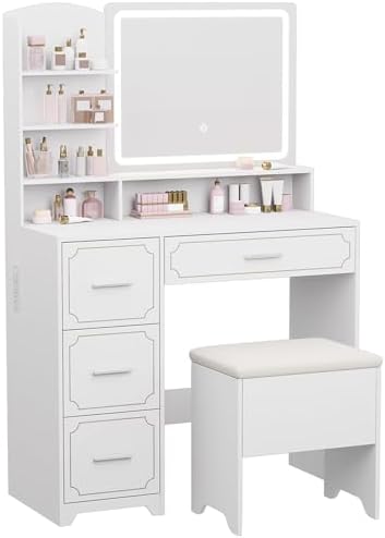 Vanity Table with LED Mirror & Power Outlet - 5 Open Shelves, 4 Drawers - Includes Padded Stool - Ideal Bedroom Makeup Dressing Table （White）