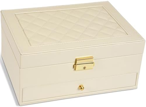 2-Layer Jewelry Box for Women, Jewelry Organizers and Storage with Removable Jewelry Tray, Vintage Quilted Top Lockable Jewelry Holder Gift Idea Apricot