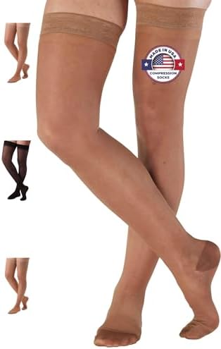 ABSOLUTE SUPPORT Made in USA - Compression Support Thigh High Stockings with Silicone Border for Women 15-20mmHg | For Varicose Veins Circulation, Edema, Arthritis - Taupe, Medium, A102T2