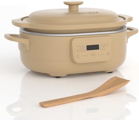 MAGNIFIQUE 4 Quart Programmable Casserole Slow Cooker, 8-in-1 Multi Cooker with Removable Non-Toxic Stoneware Crock, Claypot Slow Cooker, Rice-cooking, Nonstick, Oven Safe Pot to 450°F, Brown