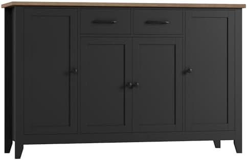 HORSTORS 55" Buffet Cabinet with Storage, Kitchen Buffet Sideboard with Drawers, Large Storage Cabinet with Doors and Shelves, Modern Farmhouse Coffee Bar for Kitchen, Dining Room, Living Room, Black
