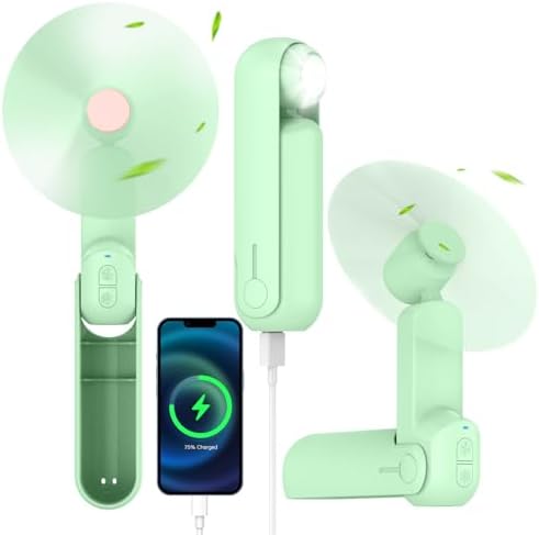 4 IN 1 Portable Mini Handheld Fan,Personal Foldable Cooling Travel Fan, Pocket Hand Fan for Face Lash,Desk Fan,Flashlight,Summer Concerts Camping, Birthday Gifts for Women Mom (Light green)