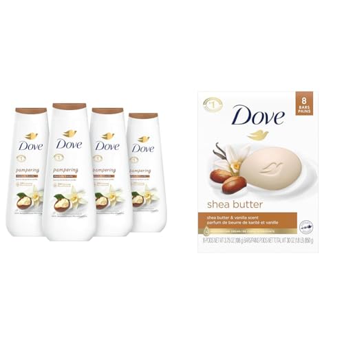 Dove Body Wash Pampering Shea Butter & Vanilla 4 Count for Renewed & Beauty Bar Skin Cleanser for Gentle Soft Skin Care Shea Butter More Moisturizing Than Bar Soap 3.75 oz 8 Bars