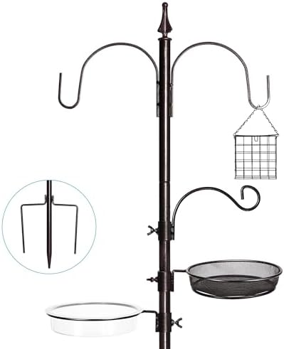 Bird Feeder Stand Pole,77 Inch Feeding Station Kit for Outside, Wild Bird Feeder Hanging Kit with Metal Suet, Bird Bath and Mesh Tray, 3-Prong Base