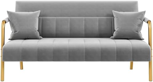 Yaheetech 56.5" W Modern Sofa Small Sofa Luxurious Velvet Fabric Couch with Gold-Tone Metal Arms and Legs for Living Room, Home Office, Studio Light Gray