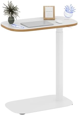 FLEXISPOT Adjustable C Table with Wheels, Mobile Snack Side End Table Sofa Couch Bedside Table Laptop Cart TV Tray Night Stand Small Space Side Table(23.6" W x 13.8" D,White)