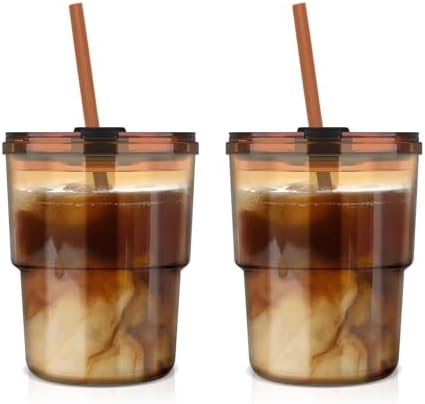 13oz Tumbler Water Glass Cups with Straw and Lid, 2 Pack Reusable Glass Coffee Tumbler for Iced Tea, Coffee, Sealed Carry-On Travel Cups for Office, Party, Camping and Outdoor, Gifts