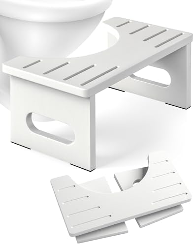 Foldable Toilet Stool, 7 Inches Bamboo Toilet Stool Squat for Adults, Collapsible Poop Stool for Bathroom, Potty Step Stool with Non-Slip Strip (White)