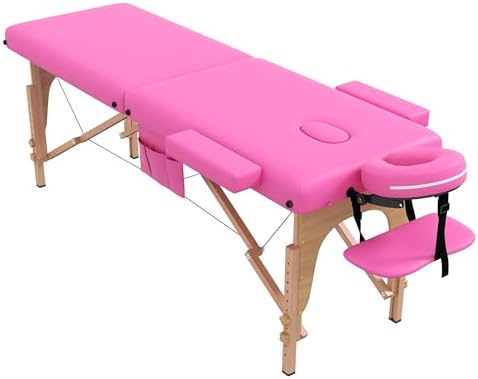 civama Massage Table Massage Bed Portable, 29 LBs Light Weight 2 Section Foldable Tattoo Bed Facial Care Spa Lash Bed Height Adjustable Sturdy Wooden Frame with Accessories Carrying Bag, Pink