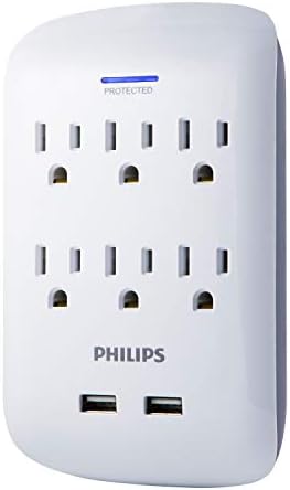 Philips 6-Outlet Extender 2-USB Surge Protector, Wall Adapter, 900J, Charging Station, 3-Prong, White, SPP6263WB/37