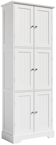 ChooChoo Tall Bathroom Storage Cabinet with 6 Doors, Freestanding Floor Cabinet with Adjustable Shelves, White Pantry Cabinet for Bathroom, Kitchen, Laundry Room